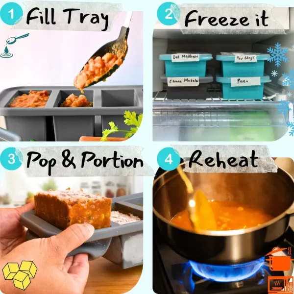 Curry Freezy freezing tray souper cubes how to use- fill tray, freeze, pop and portion and reheat