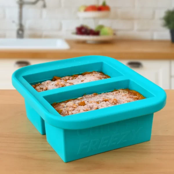 curry freezy 2 cavity blue on kitchen counter with freezed food